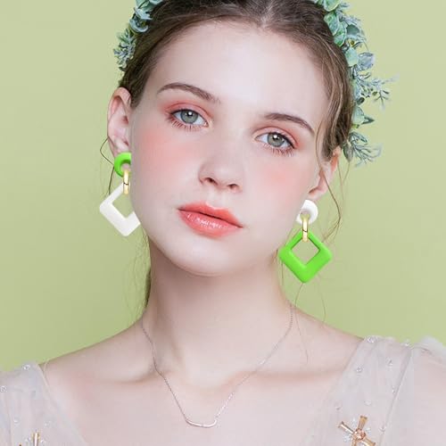 70s 80s Vintage Resin Neon Square Dangle Drop Earrings Simplicity Acrylic Hollow Round Circle Geometry Stud Earrings for Women - style: White Green