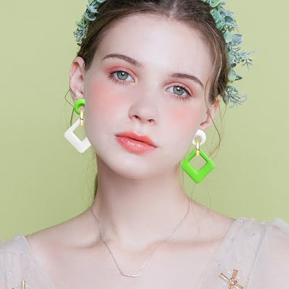 70s 80s Vintage Resin Neon Square Dangle Drop Earrings Simplicity Acrylic Hollow Round Circle Geometry Stud Earrings for Women - style: White Green