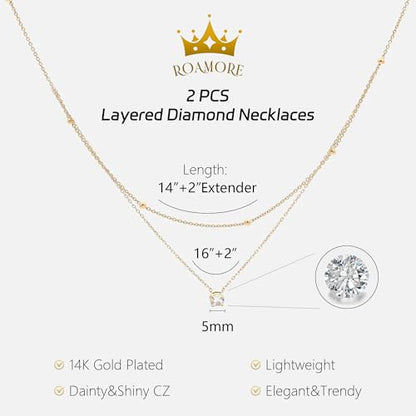 Layered Choker Necklace for Women Stackable Chain Dainty Zircon Pendant Set | 2PCS, Silver/14K Gold Plated, Box/Ball/Rope/Lip chain, Layering Diamond Cut CZ Pendant, Dainty Thin Chain, Trendy Prom Gift - color: Gold, style: Style 01