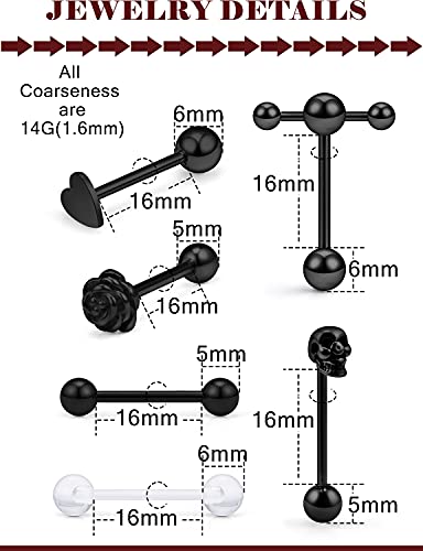 Prjndjw Jewelry, 5/8in(16mm) L, 14G Tongue Piercing Barbells Multicolor Surgical Stainless Steel Long Nipple Piercing Barbells Body Jewelry for Women - color: Black