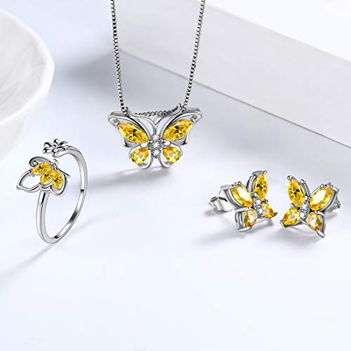 Aurora Tears Butterfly Jewelry,Women 925 Sterling Silver Butterflies Birthstone Pendant Necklace/Earrings/Rings Wedding Gift - color: K.November-set 2