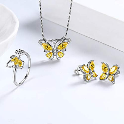 Aurora Tears Butterfly Jewelry,Women 925 Sterling Silver Butterflies Birthstone Pendant Necklace/Earrings/Rings Wedding Gift - color: K.November-set 2
