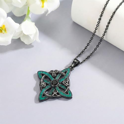 Witch Necklace 925 Sterling Silver Pentagram Triple Moon Pentacle Pendant Wiccan Pagan Jewelry Witchy Gifts for Women - style: Witches Knot-Malachite
