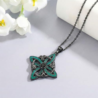 Witch Necklace 925 Sterling Silver Pentagram Triple Moon Pentacle Pendant Wiccan Pagan Jewelry Witchy Gifts for Women - style: Witches Knot-Malachite