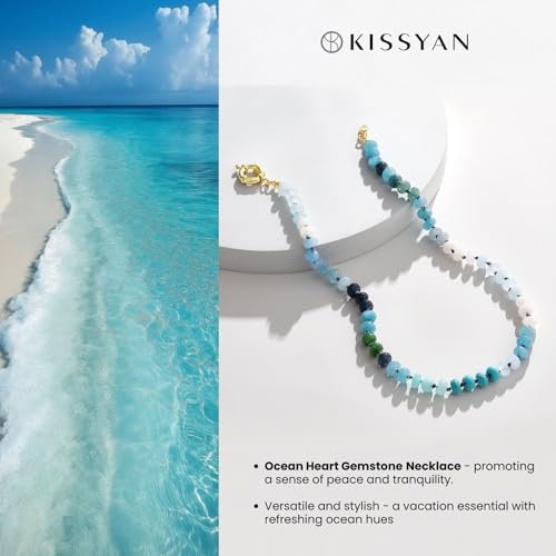 KissYan Beaded Gemstone Necklaces for Women | Colorful Bead Natural Stone Choker with 14K Gold Plated Spring Ring Clasp, Handmade Knot Jewelry for Summer Beach - color: E-Blue & Green