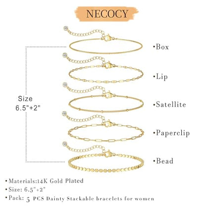 Dainty 14K Gold Plated Bracelets for Women Waterproof, Non Tarnish Gold Jewelry Sets, Thin Stackable Link Paperclip Chain Bracelet Pack Fashion Accessories Gifts for Womens - style: 5Pcs BRACELET SET-01
