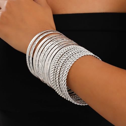 Gold Bangles for Women, 12 Pcs Boho Stackable Bracelets Multi Layer Textured Chunky Bracelets Jewelry Set for Women - color: Style F- 19 pcs silver