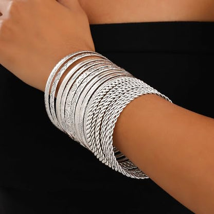 Gold Bangles for Women, 12 Pcs Boho Stackable Bracelets Multi Layer Textured Chunky Bracelets Jewelry Set for Women - color: Style F- 19 pcs silver