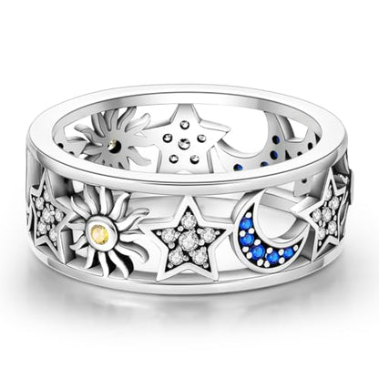 Hapour 925 Sterling Silver Rings for Women Firefly Ring, Glow in the Dark | Sun Moon Star Band Ring Rainbow Evil Eye Chunky Heart Thumb Pinky Stackable Dainty Ring, 14K Gold Plated, Cubic Zirconia - color: Carved Sun and Moon, size: 8