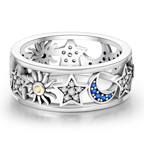 Hapour 925 Sterling Silver Rings for Women Firefly Ring, Glow in the Dark | Sun Moon Star Band Ring Rainbow Evil Eye Chunky Heart Thumb Pinky Stackable Dainty Ring, 14K Gold Plated, Cubic Zirconia - color: Carved Sun and Moon, size: 9