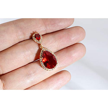 Bridal Jewelry Set for Wedding - 18k Plated Teardrop CZ Crystal Cubic Zirconia Rhinestone Necklace Earrings Set for Bride Bridesmaids Mother of Bride Party Prom Birthstone Costume Jewelry - color: Jul-Ruby