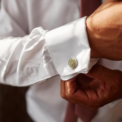Cuff Links Mens, Cufflinks for Men, Men's Cuff Links for Wedding, Business, Father's Day, Gift for Men, 18K Gold Plated with Luxury Wooden Gift Box - style: Silver & Gold Cufflink