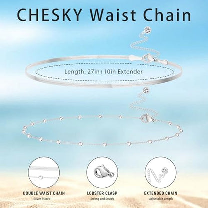 CHESKY 14K Gold Plated Waist Chain for Women, Layered Waist Beads | Silver Plated Gold Body Chains, Beach Summer, Waterproof Snake Belly Belt Chain, Festival Jewelry Accessories for Women - style: snakebead-sl