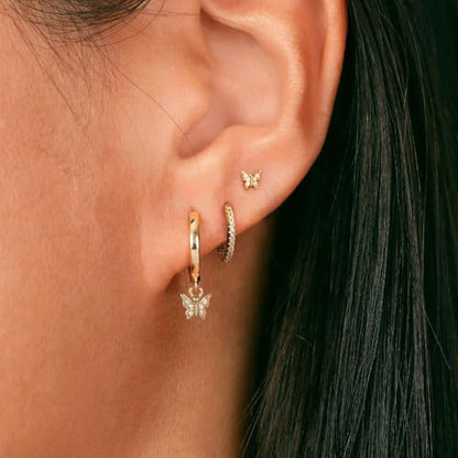 3 Pairs Earring Stacks, Gold Earring Set Jewelry Gift for Women | Small, 14K Gold/White Gold/Black/Rose Gold Plated, Hypoallergenic, Her, Everday, Stackable, Simple, 3 Holes - color: Gold-Butterfly
