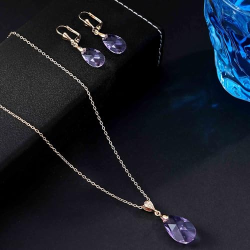 Austrian Crystals Teardrop Pendant Necklace Earrings for Women 14K Gold Plated Hypoallergenic Leverback Drop Dangle Earrings Jewelry Set - color: Tanzanite