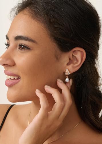 Pearl Earrings - 14K Gold/White Gold/Rose Gold Plated Cubic Zirconia CZ Diaomond Accented Pearl Drop Dangle Earrings for Women Wedding Bridal Prom - color: Rose gold Leaf drop