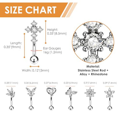 OIDEA 7PCS Eyebrow Piercing Jewelry: 16G Stainless Curved Barbell Eyebrow Ring Vertical Labret Lip Ring Piercing Jewelry - color: silver-1