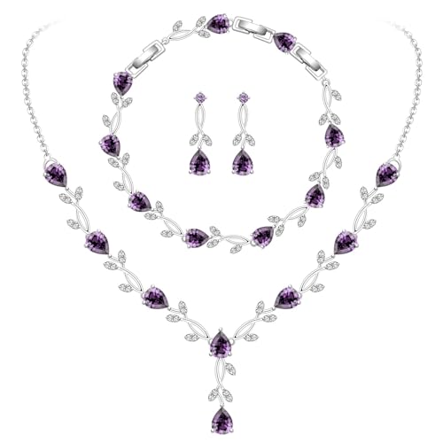 GZWHD Wedding Jewelry Sets for Bride Bridesmaid Women Cubic Zirconia Necklace Earrings Bracelet Set Gift for Mother Friend Wife Daughter Sister Party Prom Jewelry - color: Purple