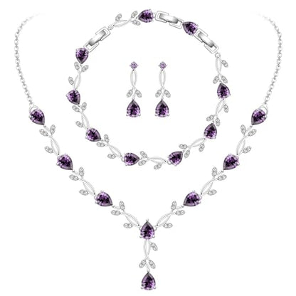 GZWHD Wedding Jewelry Sets for Bride Bridesmaid Women Cubic Zirconia Necklace Earrings Bracelet Set Gift for Mother Friend Wife Daughter Sister Party Prom Jewelry - color: Purple
