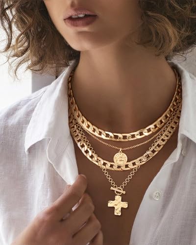 MJartoria Layered Necklaces for Women Trendy Retro Coin and Cross Pendant Necklace Dainty Chunky Chain Necklaces for Jewelry Birthday Gifts - color: Gold