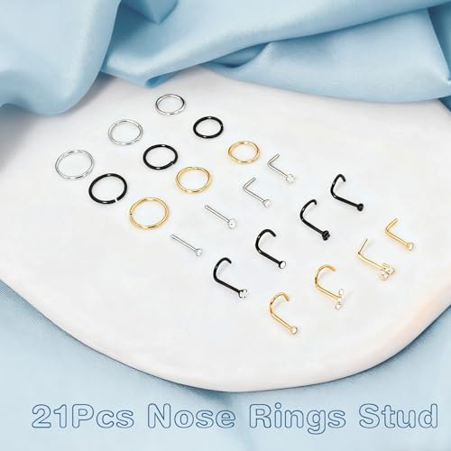 8PCS Titanium Nose Rings Stud, Gold Nose Ring for Women Men Hypoallergenic Nostril Hoops L Shape Nose Studs Corkscrew CZ Nose Piercing Jewelry Silver 18G & 20G Nose Ring Studs 2/2.5/3mm - style: 21Pcs-silver gold black