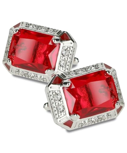 Big Rectangular Colored Crystal Cuff Links for Men – Tuxedo Suit Accessories, Cufflinks for Men - style: Deep Red/Silver
