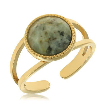 Made by Nami Adjustable Gold Plated Gemstone Ring for Women Handmade Boho Stacking Rings Chunky Open Band Turquoise Statement Jewelry Unique Minimalist Design for Everyday or Special Occasions - style: Grey Stone