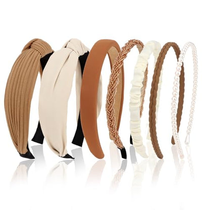 7 Pack Headband for Women Girls Cute Headbands for Women Cute Pearl Beads Solid Knotted Diademas para Mujer de Moda Cute Hair Accessories - color: Neutral