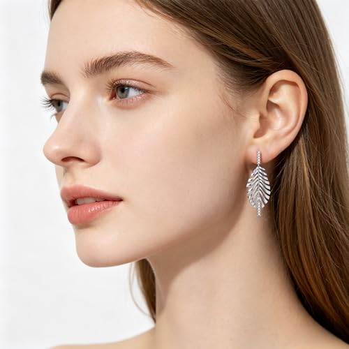Sylph 14K 18K Gold Plated Chandelier Earrings for Women, Long Tassel Earring Huggie, Silver Leaf Dangle Drop Earrings, Dainty Bohemian Jewelry Gifts for Wedding Everyday Wear - color: D-Lightweight Feather Earrings Silver