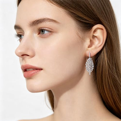Sylph 14K 18K Gold Plated Chandelier Earrings for Women, Long Tassel Earring Huggie, Silver Leaf Dangle Drop Earrings, Dainty Bohemian Jewelry Gifts for Wedding Everyday Wear - color: D-Lightweight Feather Earrings Silver