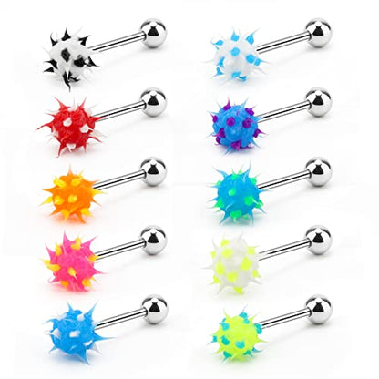 10pcs Surgical Steel Spiky Acrylic Fire Tongue Nipple Ear Rings Bar Barbell Stud Piercing(Random Color)