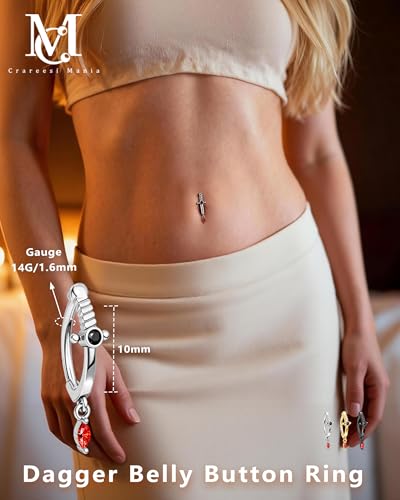 Belly Button Clicker Rings, 316L Surgical Steel Belly Button Piercing Jewelry, 14G Dagger Reversed Belly Ring for Women, Sword Navel Rings - color: Silver