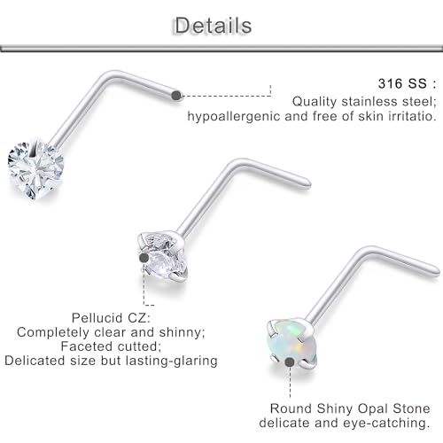 20G 18G 16G Cubic Zirconia Nose Rings Studs 316L Surgical Steel Hypoallergenic Nose Piercings Jewelry for Women Men CZ 2mm-3mm 24 Pcs - color: D-2:18G L Shaped + Silver Tone