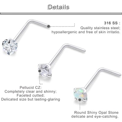 20G 18G 16G Cubic Zirconia Nose Rings Studs 316L Surgical Steel Hypoallergenic Nose Piercings Jewelry for Women Men CZ 2mm-3mm 24 Pcs - color: D-2:18G L Shaped + Silver Tone