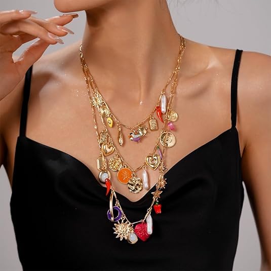Multi Layer Gold Chain Sun Pendant Necklace - With Heart-Shaped and Coin Flower Design -3-Piece Set of Colorful Mixed Pendant Necklace