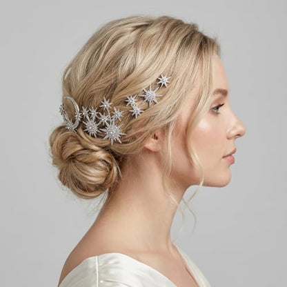 6 Pcs Hair Pins Rhinestone Celestial Crystal Goddess Style Hair Pieces Bride Bridal Wedding Side Clip Set Star Moon Decorative Barrettes Headdress Accessoriesfor Girls Women (Silver)