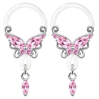 2 Pcs Butterfly Fake Nipple Rings for Women, CZ Nipple Noose Nipple Jewelry Non Piercing Dangle Nipple Ring, Non Pierced Nipple Body Jewelry - color: silver pink