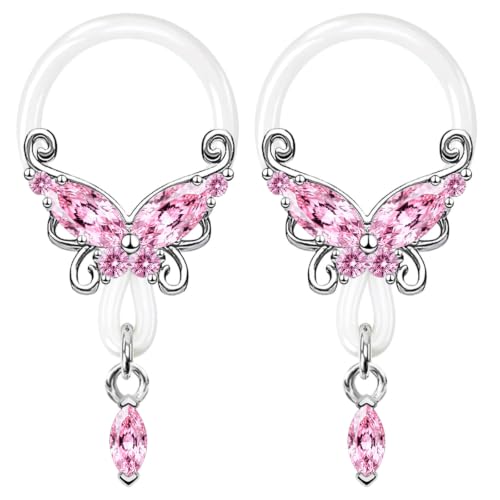 2 Pcs Butterfly Fake Nipple Rings for Women, CZ Nipple Noose Nipple Jewelry Non Piercing Dangle Nipple Ring, Non Pierced Nipple Body Jewelry - color: silver pink