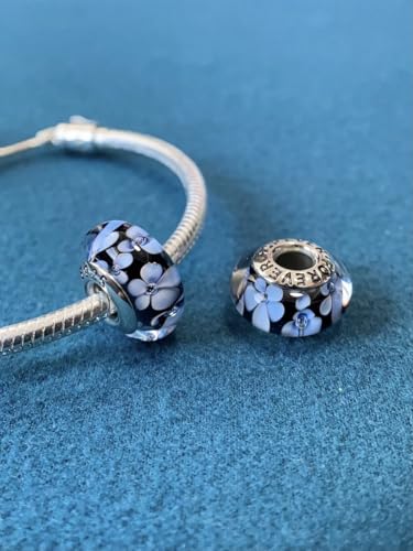 2pcs Authentic 925 Silver Murano Glass Flower Charms for Pandora Bracelets - color: 08-Black and White