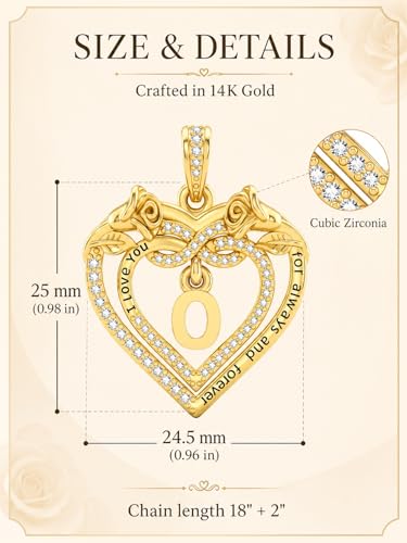 14K Gold Initial Letter Rose Heart Pendant Necklace for Women, Anniversary Birthday Jewelry Gifts for Wife Mom Grandma Sister Daughter, I Love You for Always And Forever - style: 14K Gold-O