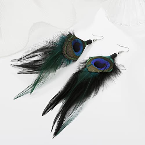 Long Bohemian Pheasant Feathers Statement Earrings Handmade Natural Lightweight Feather Dangle Earrings for Women (ea000067) - color: Blue