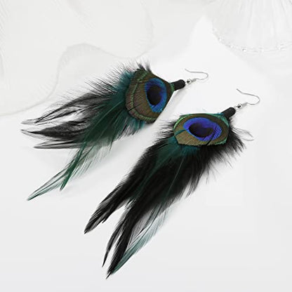 Long Bohemian Pheasant Feathers Statement Earrings Handmade Natural Lightweight Feather Dangle Earrings for Women (ea000067) - color: Blue