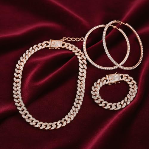 Batiyeer 3 Pcs Cuban Link Chain Necklace Bracelet Rhinestone Hoop Earrings Bling Crystal Hip Hop Jewelry for Women(18 Inch,Rose Gold) - color: Rose Gold, size: 18 Inch
