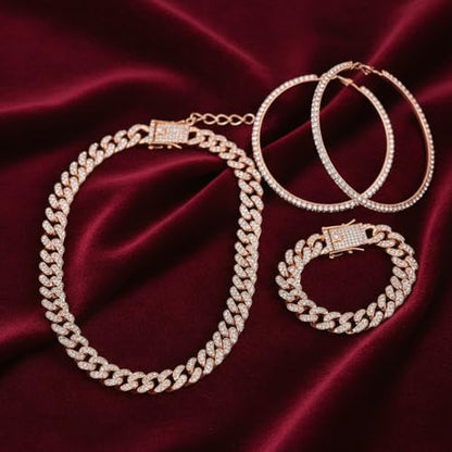 Batiyeer 3 Pcs Cuban Link Chain Necklace Bracelet Rhinestone Hoop Earrings Bling Crystal Hip Hop Jewelry for Women(18 Inch,Rose Gold) - color: Rose Gold, size: 18 Inch