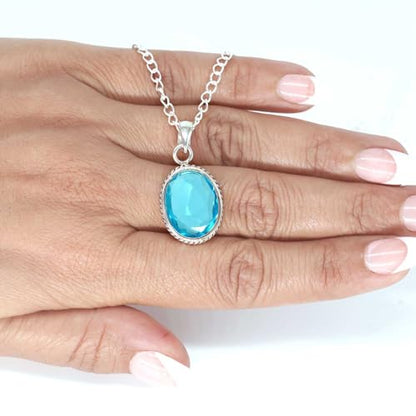Chunky Natural Gemstone Pendant Necklace For Women Onyx, Turquoise, Amber, Garnet Oval Boho Genuine 925 Sterling Silver Handmade Jewelry - color: Blue Quartz