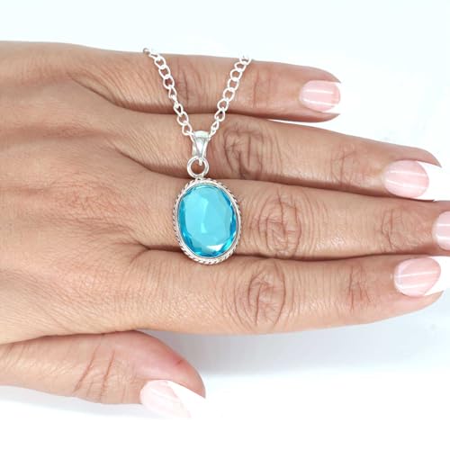Chunky Natural Gemstone Pendant Necklace For Women Onyx, Turquoise, Amber, Garnet Oval Boho Genuine 925 Sterling Silver Handmade Jewelry - color: Blue Quartz