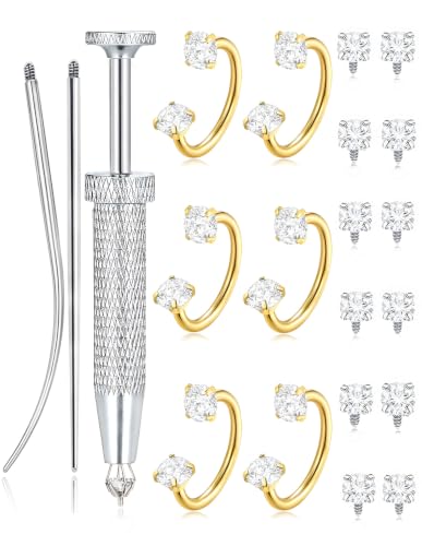 Akeoqi Horseshoe Nose Ring 20G 316L Surgical Steel Double CZ Internally Threaded Cartilage Helix Tragus Earrings for Women Men Septum Nostril Lip Eyebrow Piercing 8MM Gold Silver Plated - color: Gold-20G-8MM-White Clear CZ