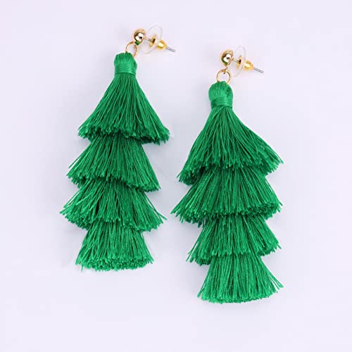 BaubleStar Bohemian Layered Tassel Drop Earrings for Women | Lightweight Statement Party Festival Jewelry - color: Forest Green