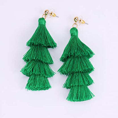BaubleStar Bohemian Layered Tassel Drop Earrings for Women | Lightweight Statement Party Festival Jewelry - color: Forest Green