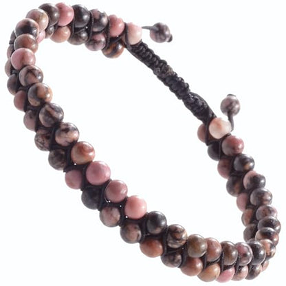 MASSIVE BEADS Double Layer Natural Chakra Healing Power Crystals Macrame Bracelet Yoga Stone Beads Gemstone Meditation Relax Anxiety Bangle for Unisex Women Men - color: Pink Black Rhodonite, size: 4mm